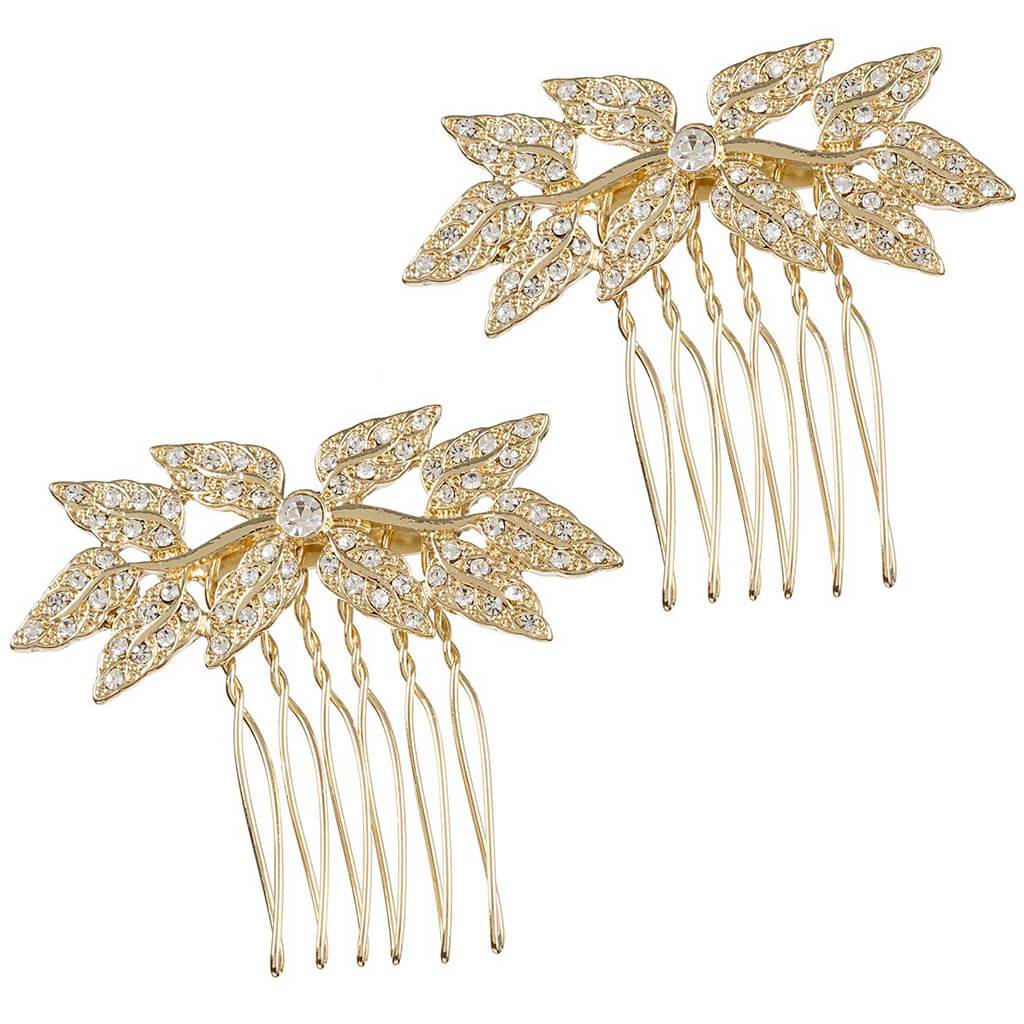 Bridal Hair Comb Gold Leaves with Crystal Rhinestones Gold