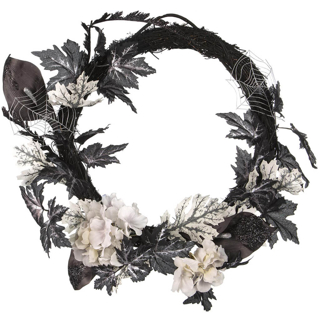 Black and White Halloween Wreath with Spiderwebs 22in