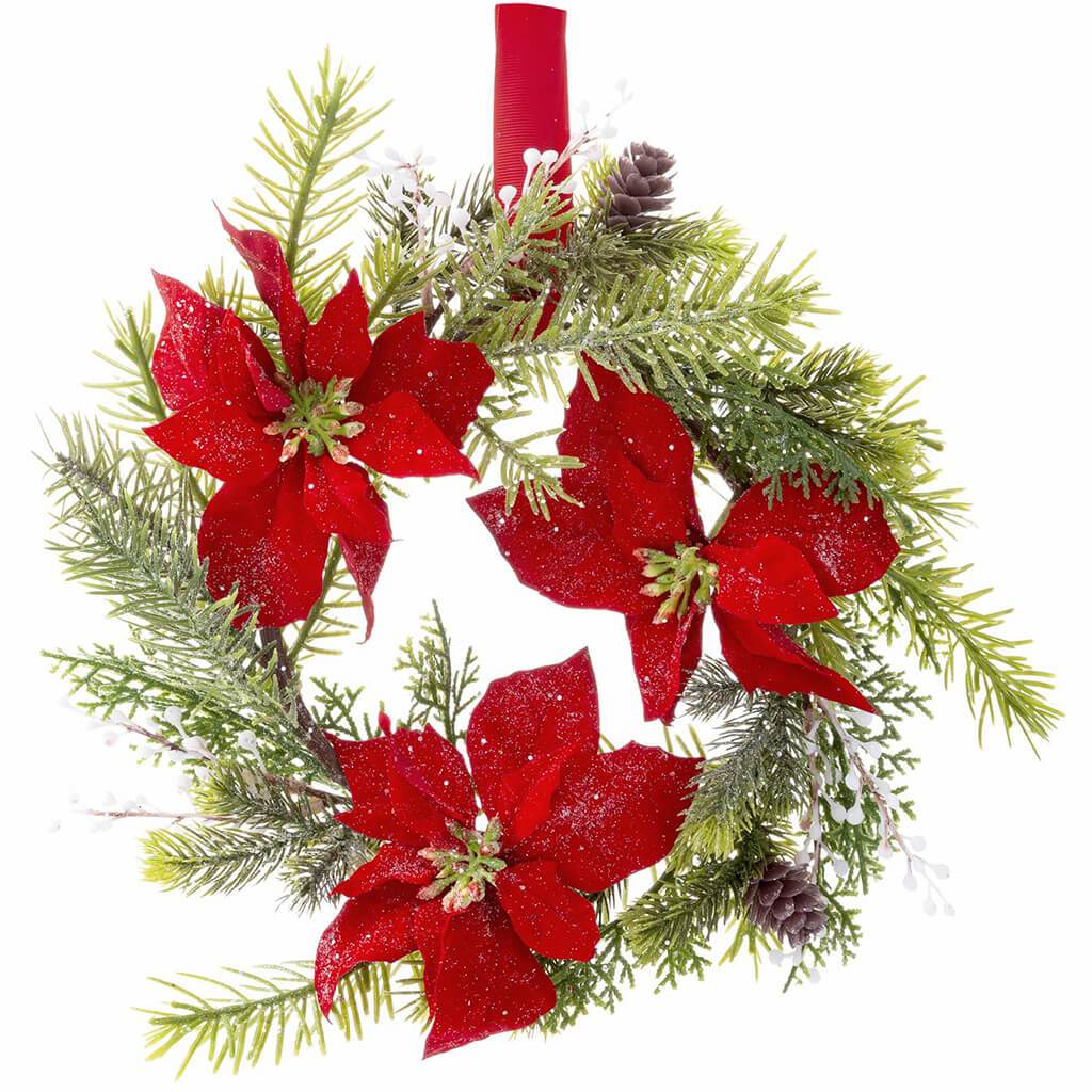 Poinsettia Wreath Cedar/Spruce 14in