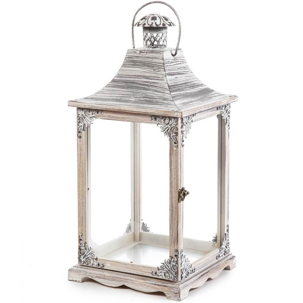 White Wash Wood Lantern 20in