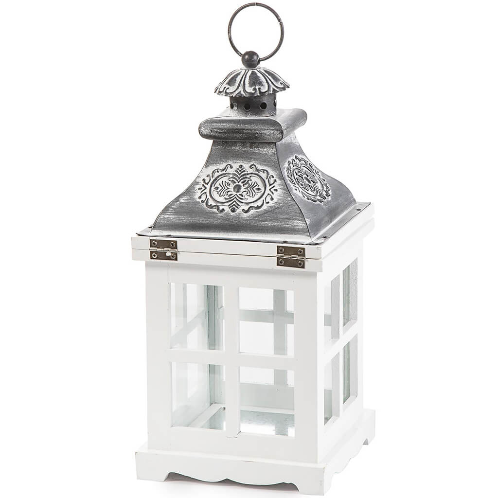 Wood Top Iron Lantern, White Wash, 14.5in