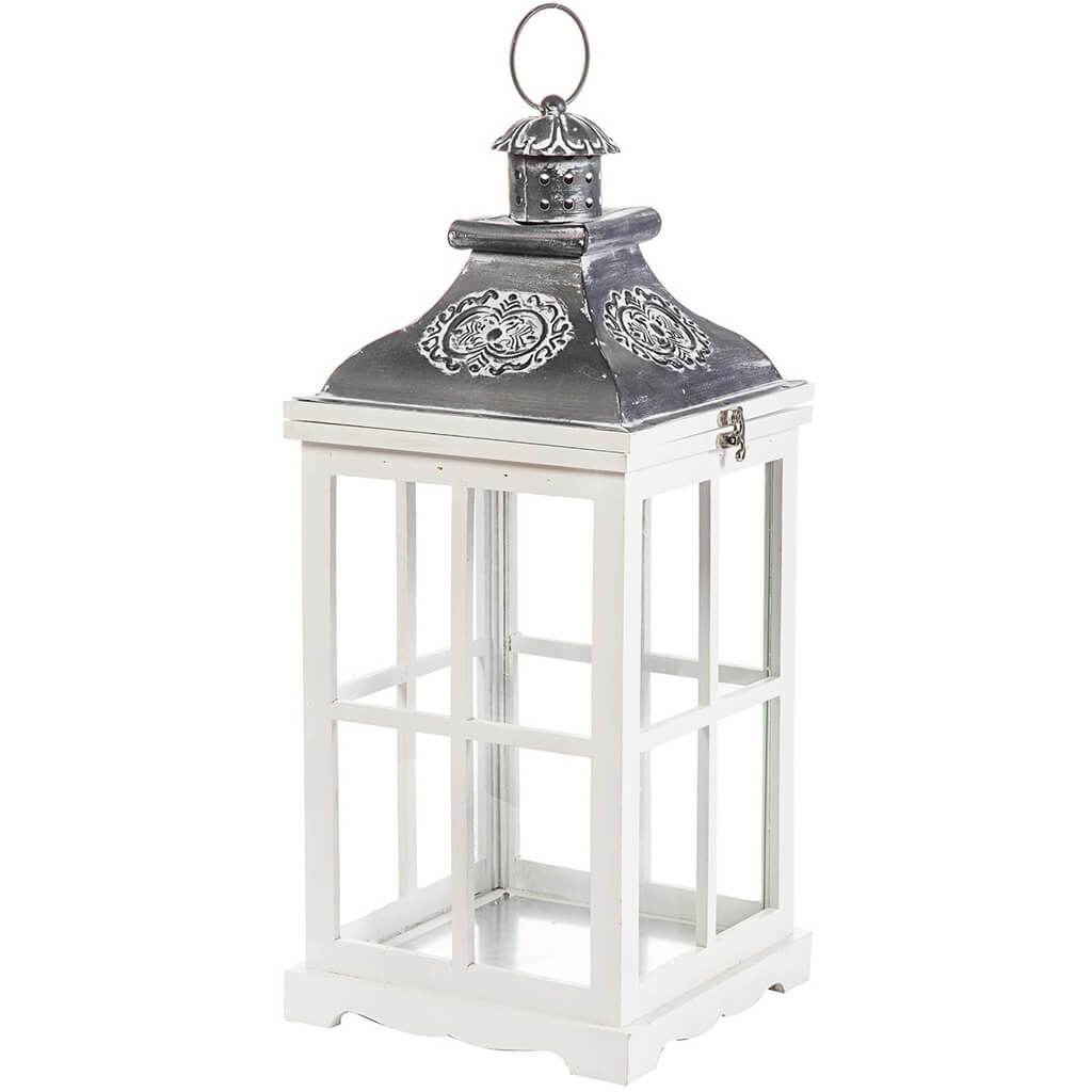 Wood Top Iron Lantern, White Wash, 21.6in