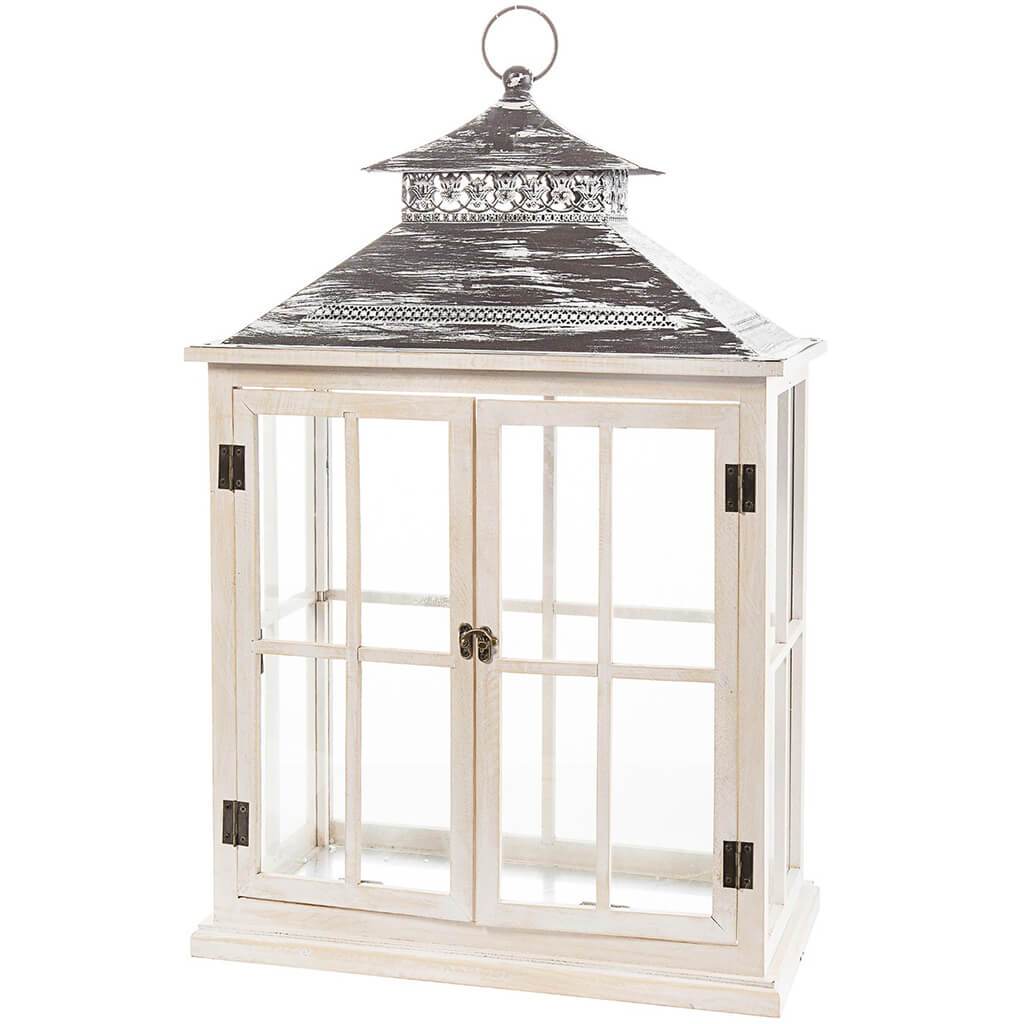 White Wash Wood Lantern 27in