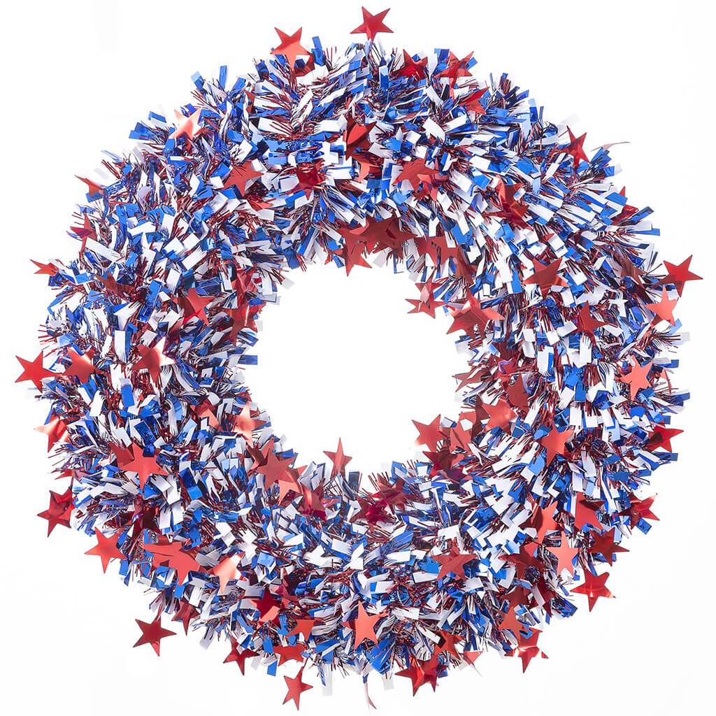 Patriotic Tinsel Wreath with Star 18in