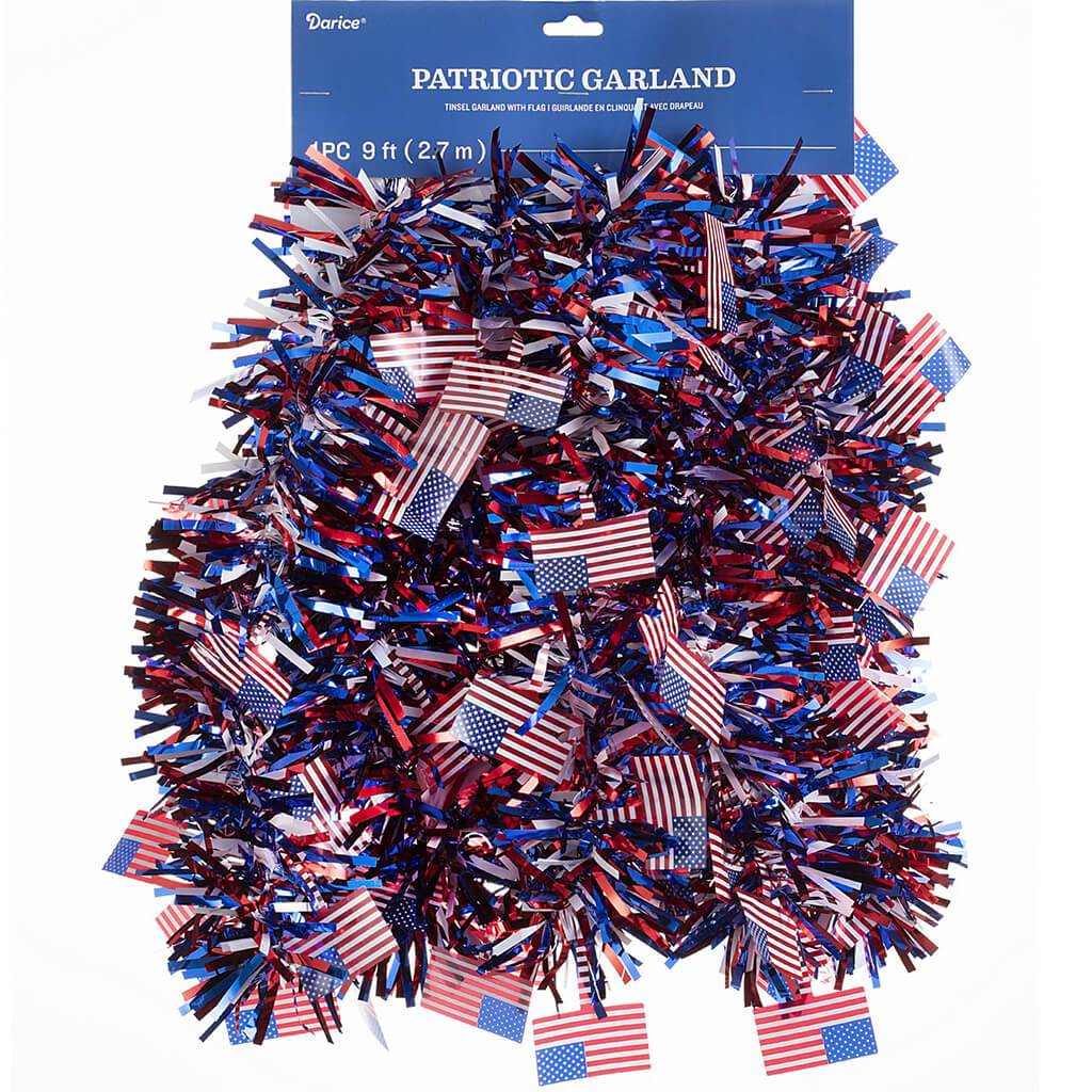 Patriotic Tinsel Garland Flag Accents 9ft