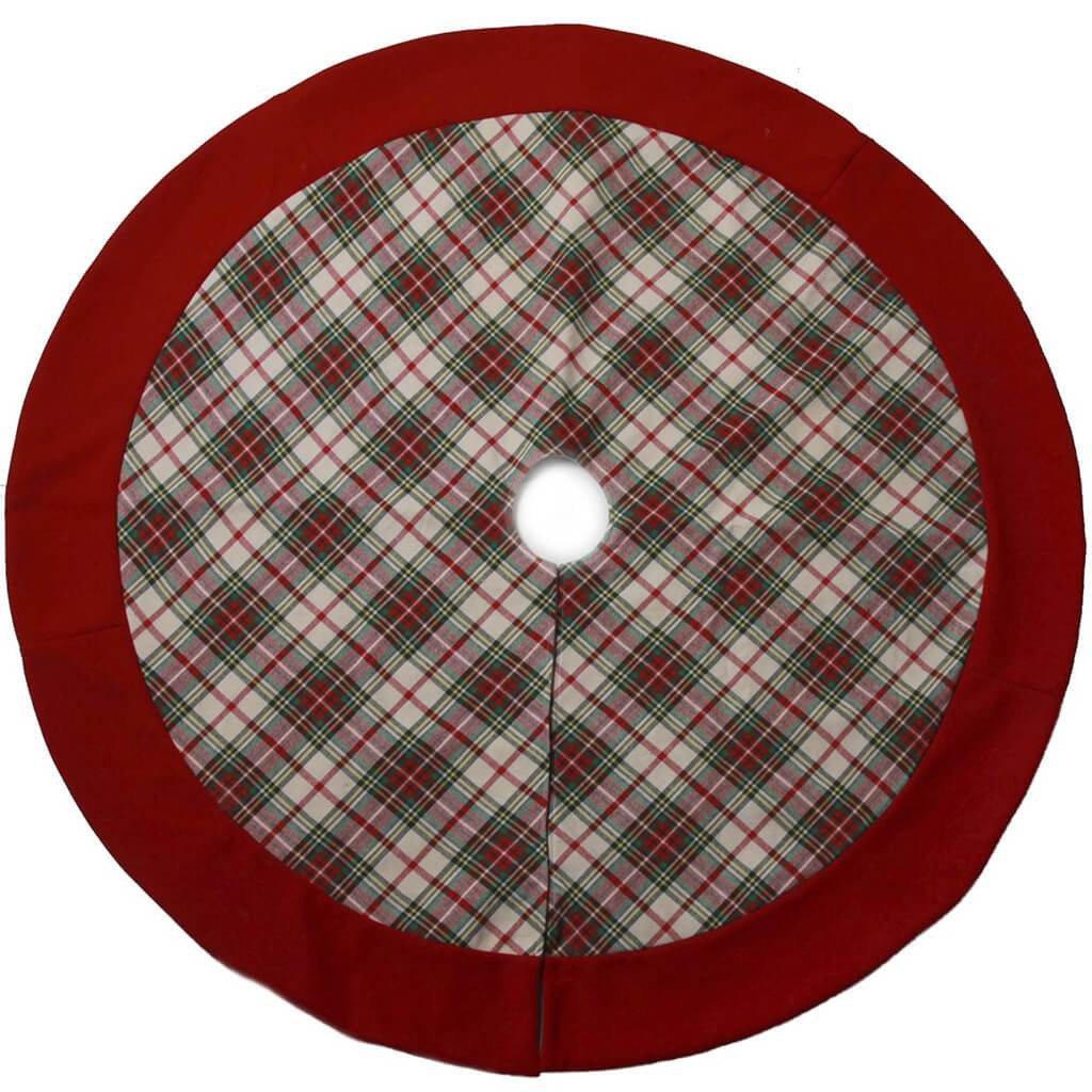 Red, White &amp; Green Plaid Christmas Tree Skirt with Red Trim 48in