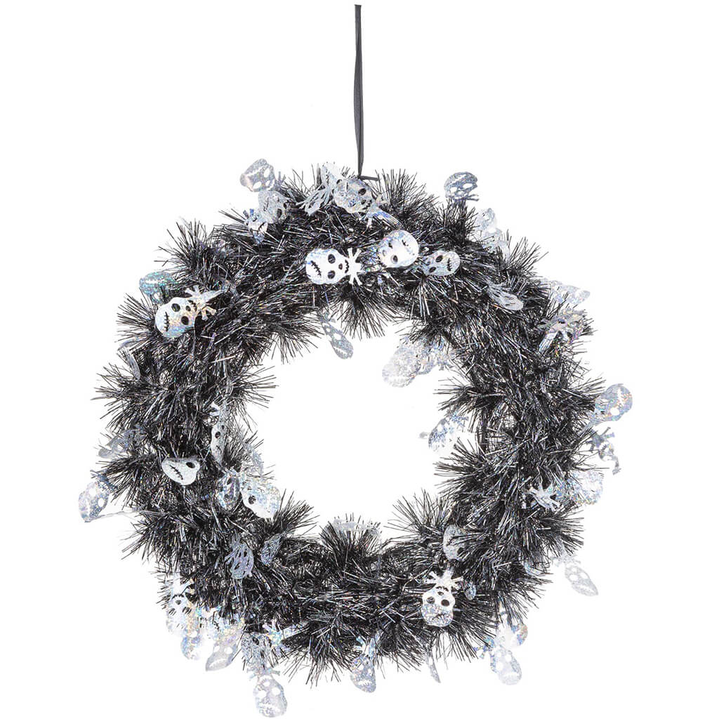 Halloween Tinsel Wreath with Skulls 11in