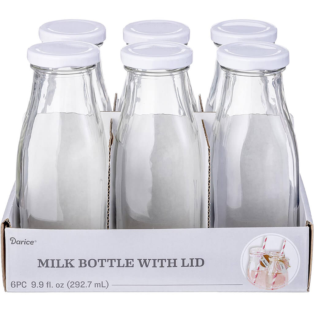 Milk Bottle With Lid, 6pc, 10oz Each