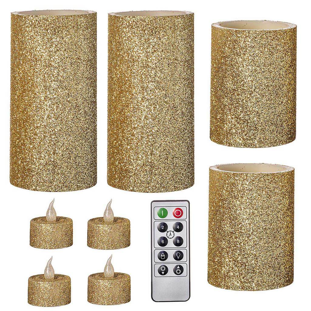 LED Candle Set Glitter Gold with Remote, 9pk