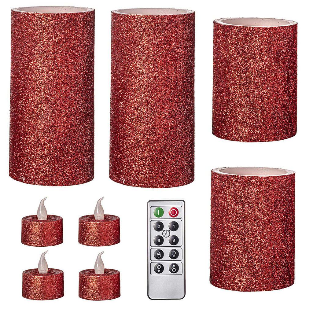 LED Candle Set Glitter Red with Remote, 9pk