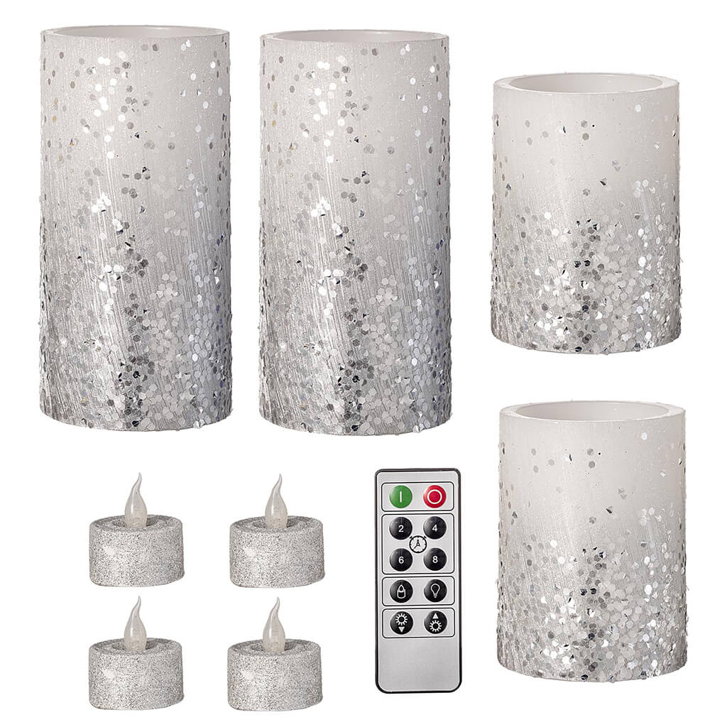 LED Candle Set Gliiter White Silver, with Remote, 9pk