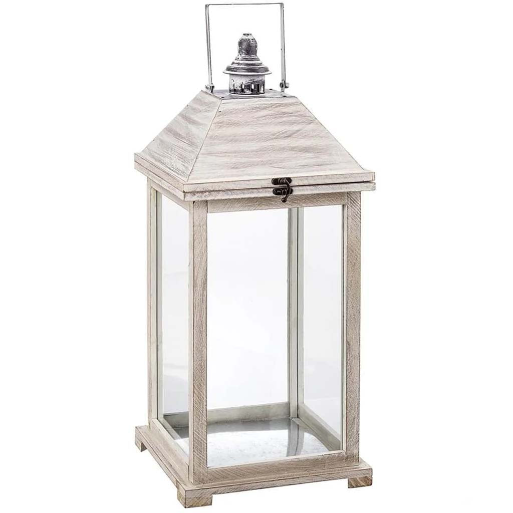 Wood Lantern Top Iron White Wash, 12.84in