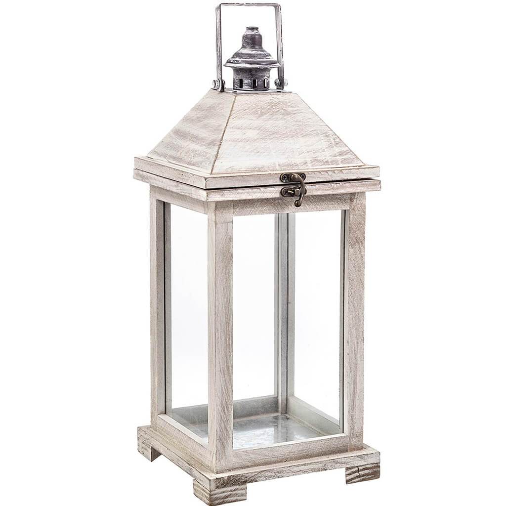 Wood Lantern Top Iron White Wash, 17.53in