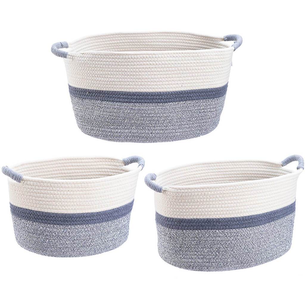 White Blue Cotton rope Basket, Set of 3