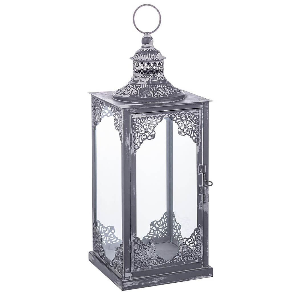 Grey Metal White Wash Lantern, 16in