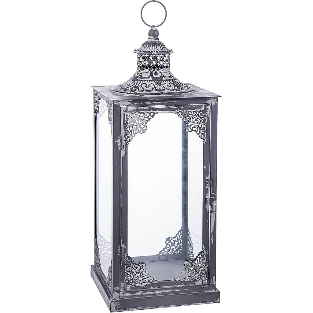 Grey Metal White Wash Lantern, 20in