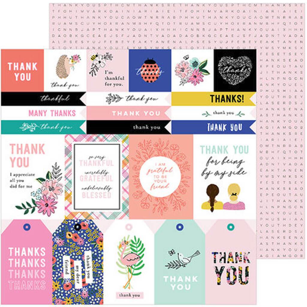 Pebbles Hey, Hello Collection Double Sided Paper Thank You Sentiments 12in x 12in