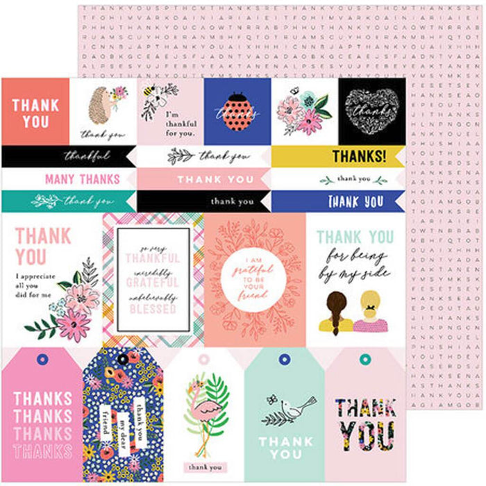 Pebbles Hey, Hello Collection Double Sided Cardstock Paper Thank You Sentiments 12in x 12in