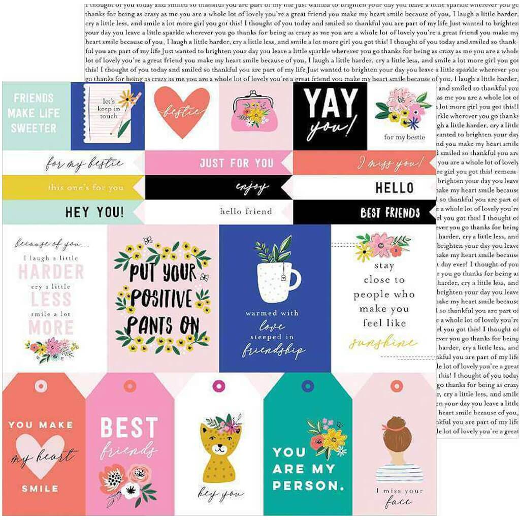 Pebbles Hey, Hello Collection Double Sided Paper Girlfriend Sentiments 12in x 12in