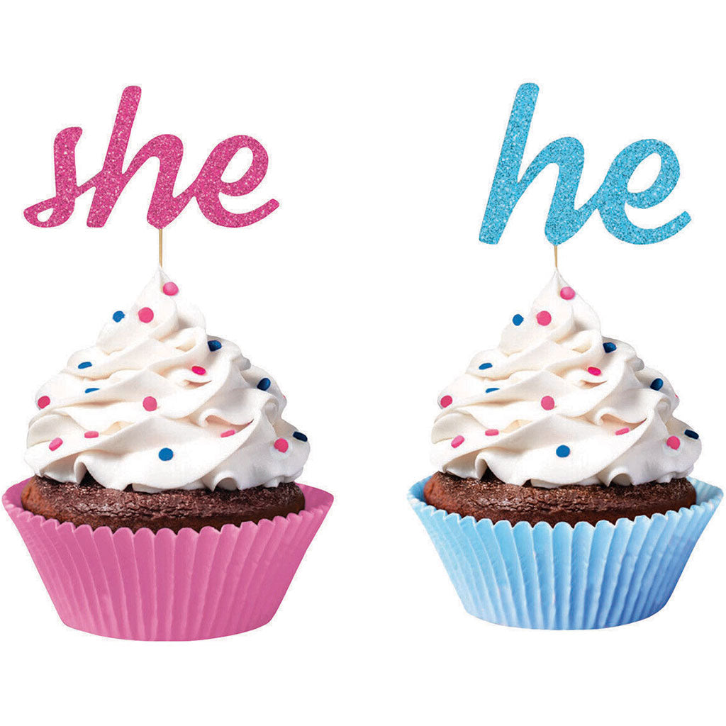 Diamond Glitter Gender Reveal Cupcake Pick He She