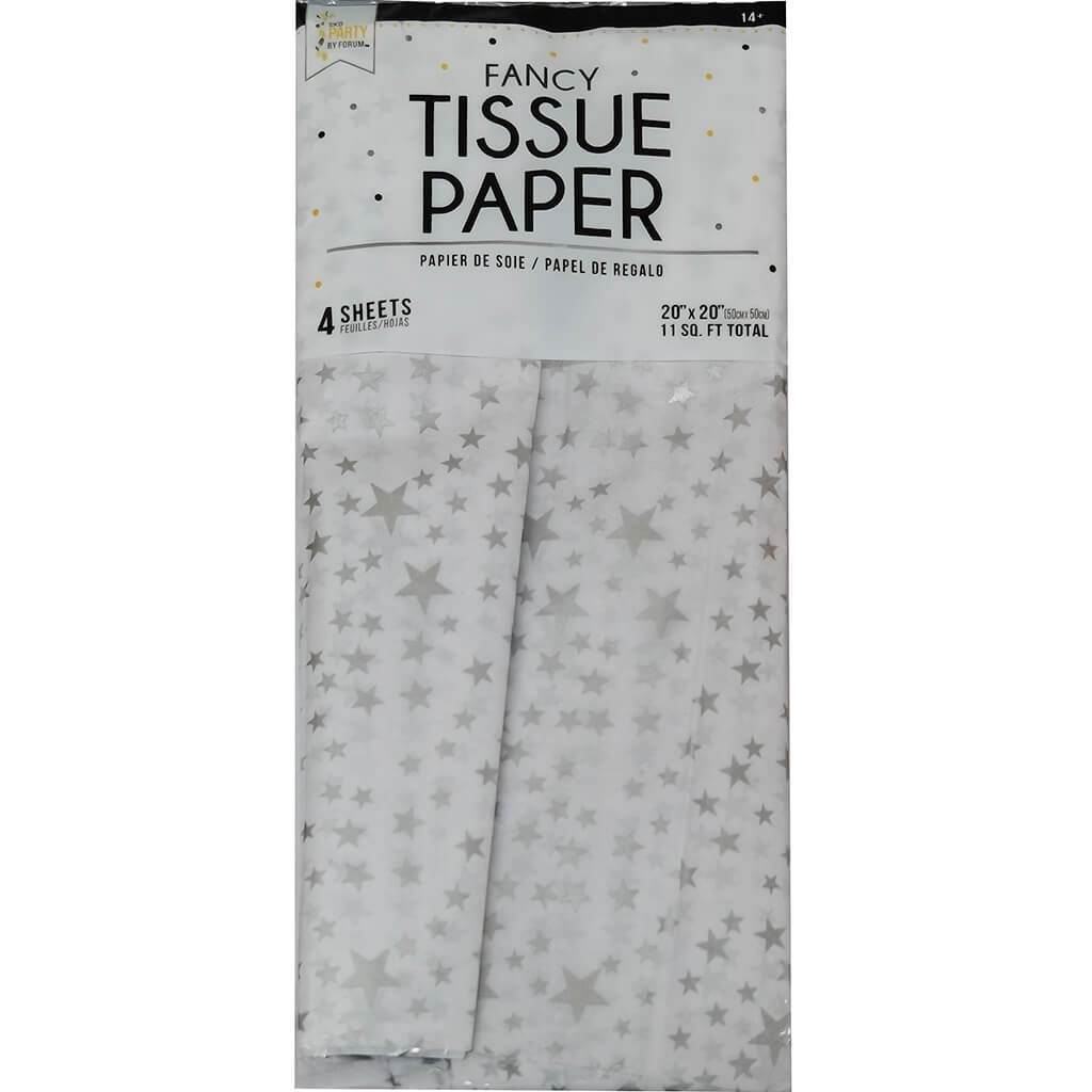 Special Tissue White Silver Stars 20in, 4pk