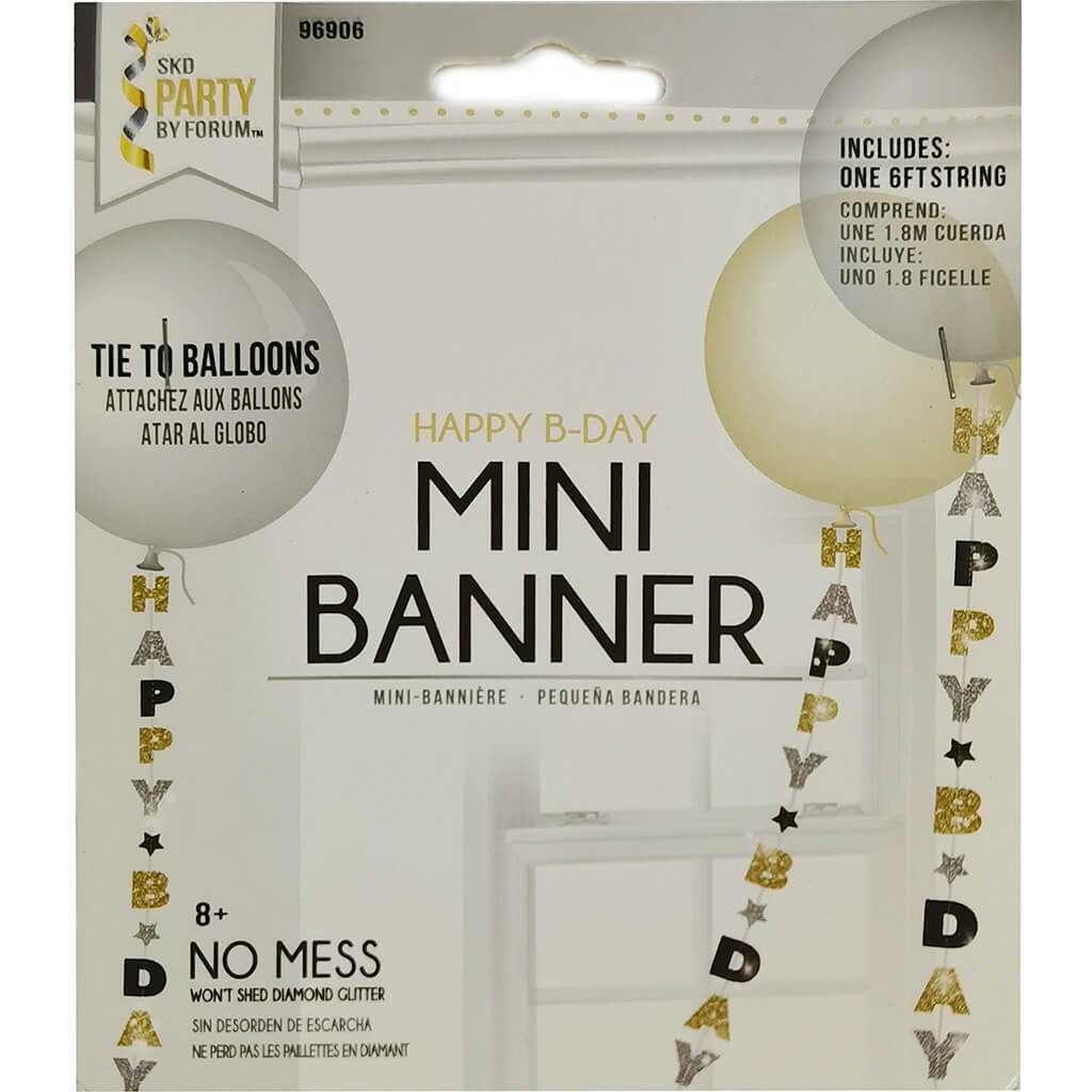 Mini Banner Happy Birthday Black, Silver, Gold