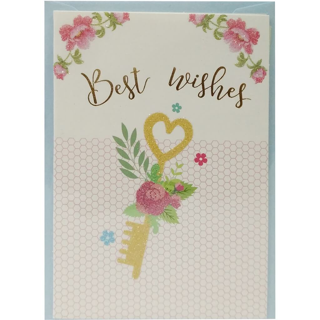 Gift Card with Blue Envelope Best Wishes, Flower Key 14