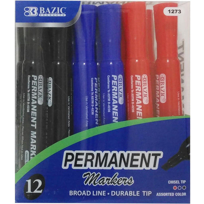 Desk Style Permanent Markers Chisel Tip Assorted Color 12/Pack