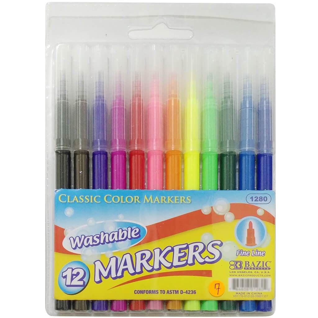 BAZIC 12 Classic Colors Fine Line Washable Markers Bazic Products