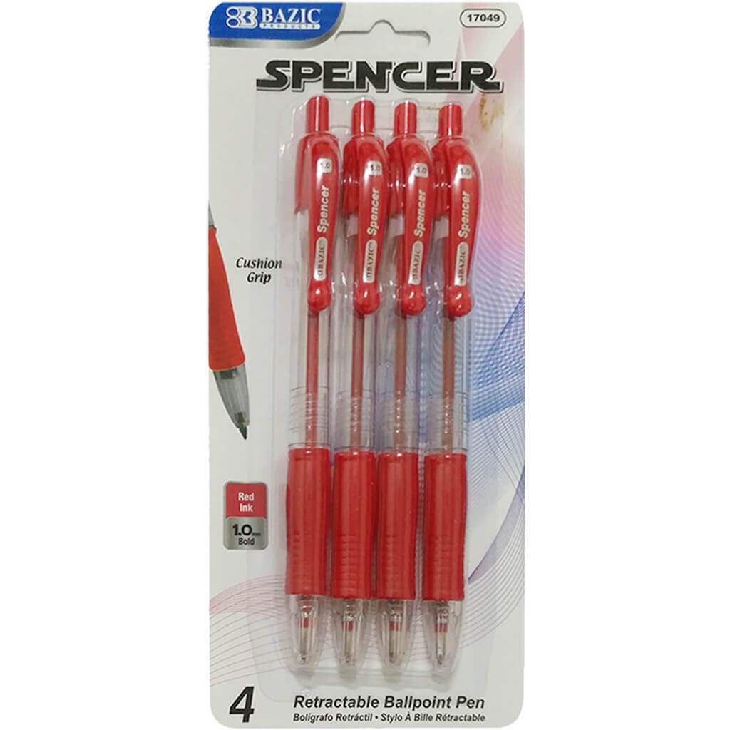 Bazic Spencer Red Retractable Pen W / Cushion Grip (4 / Pack)