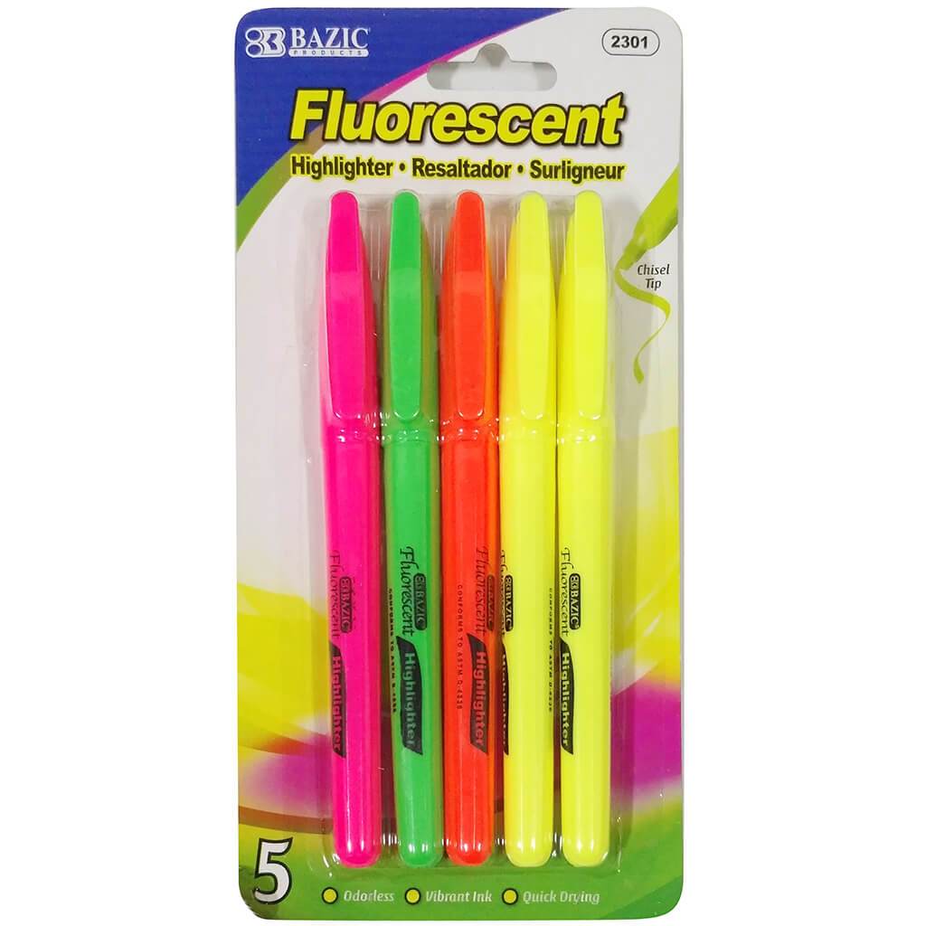 Pen Style Highlighter with Pocket Clip 5/Pack