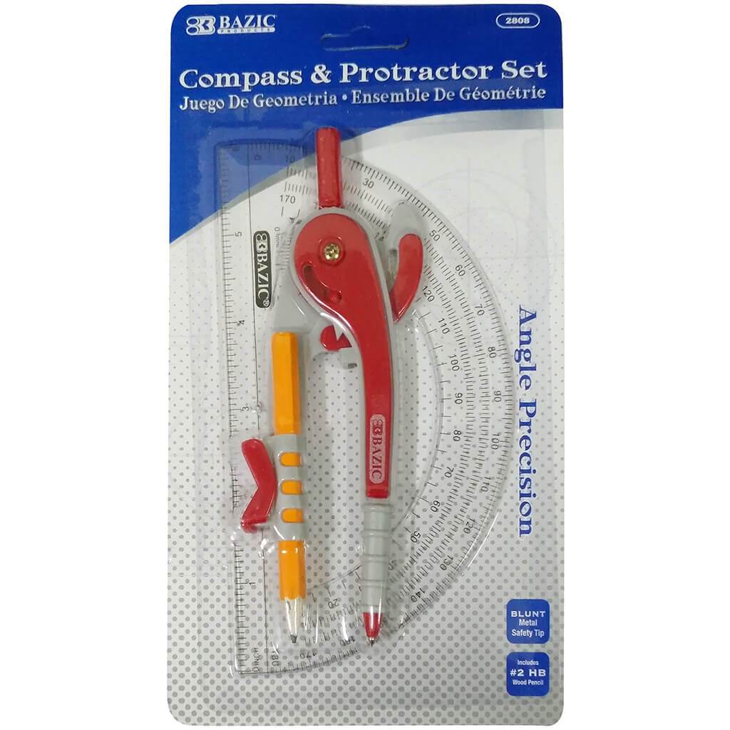 Scale-Arm Compass with #2 Wood Pencil &amp; 6in Protractor Set Red