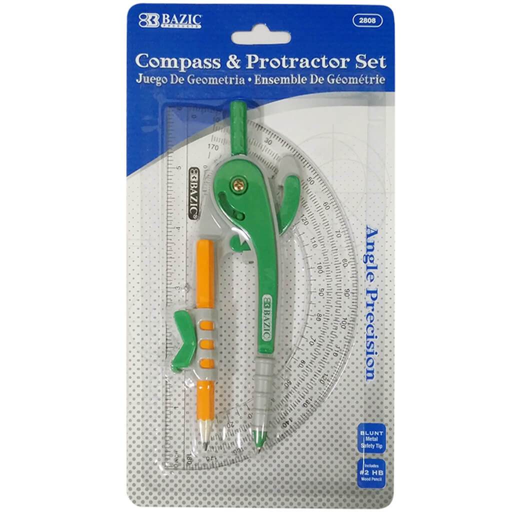 Scale-Arm Compass with #2 Wood Pencil &amp; 6in Protractor Set Green