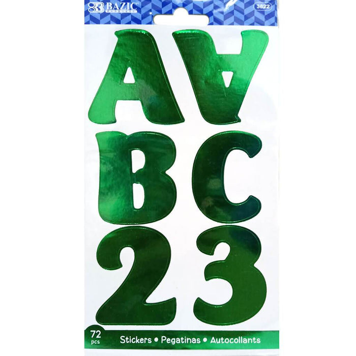 Alphabet & Numbers Stickers Metallic Color 10 Sheets 2in Green