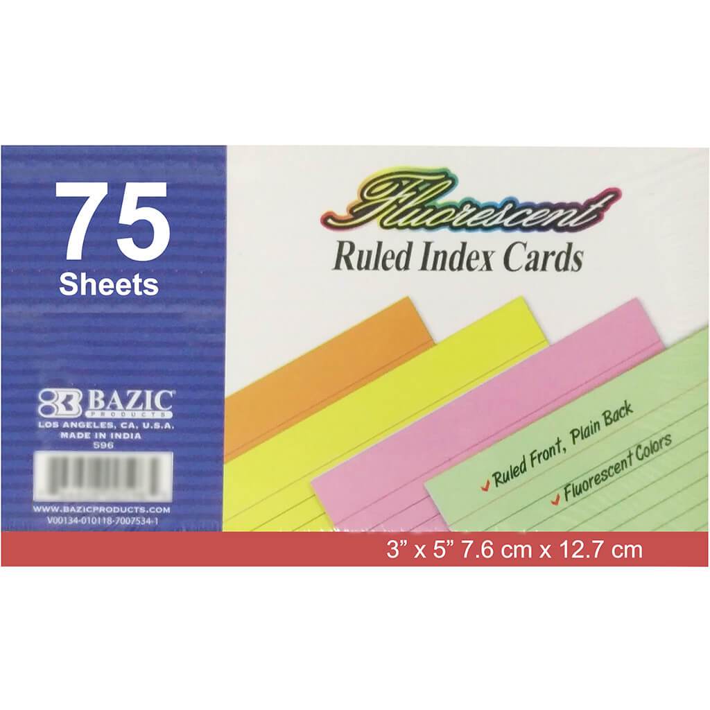 Ruled Fluorescent Colored Index Card 75ct 3in x 5in