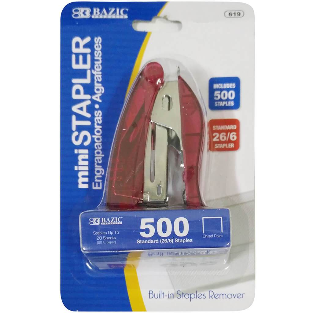 Mini Stand-Up Standard Stapler 26/6 with 500ct Staples Red