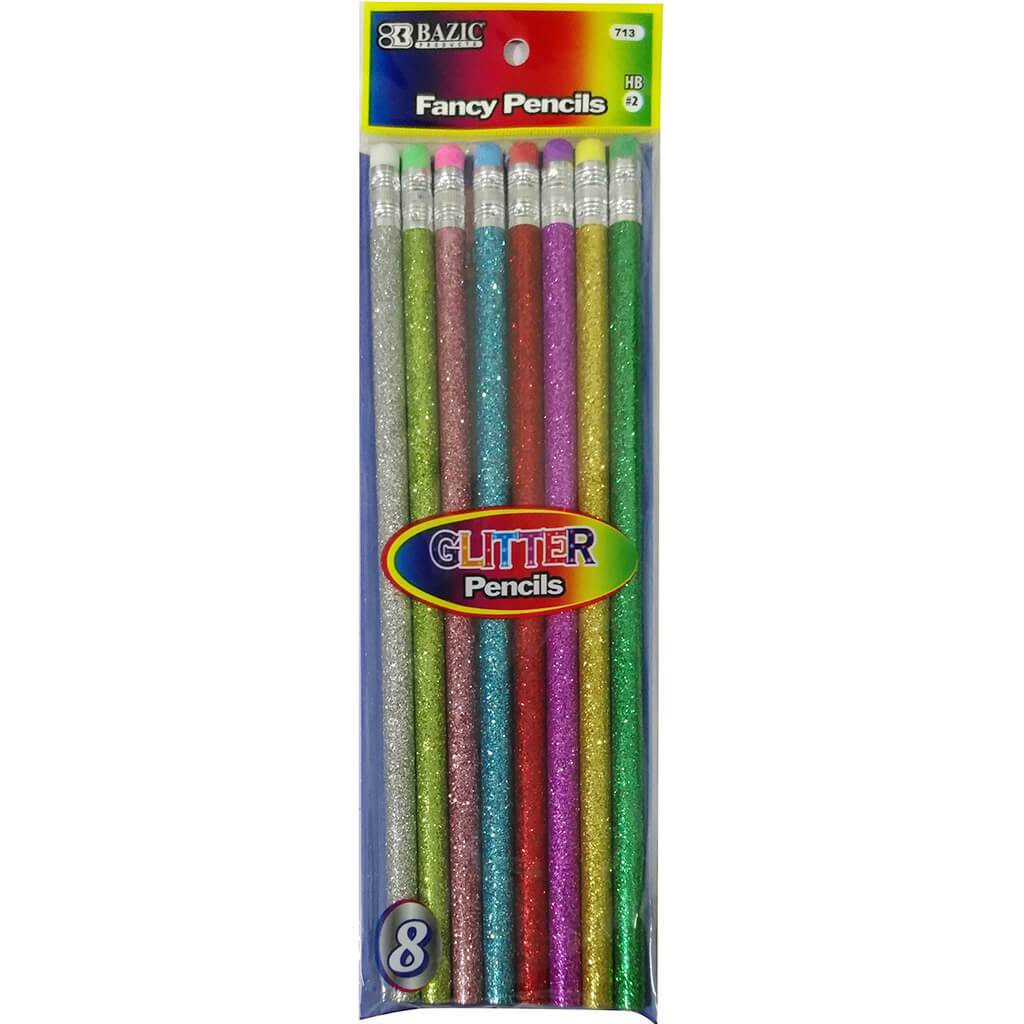 Wood Pencil w/ Eraser Metallic Glitter (8/Pack)