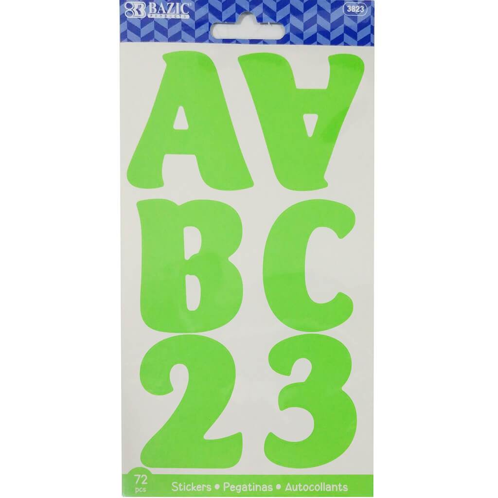 Alphabet &amp; Numbers Stickers Fluorescent Color 10 Sheets 2in Green