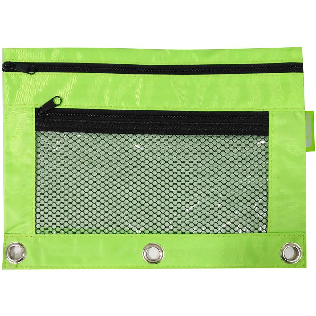 Double Zipper 3-Ring Pencil Po with Mesh Window Green