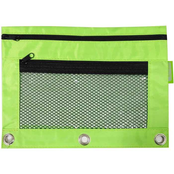 Double Zipper 3-Ring Pencil Po with Mesh Window Green