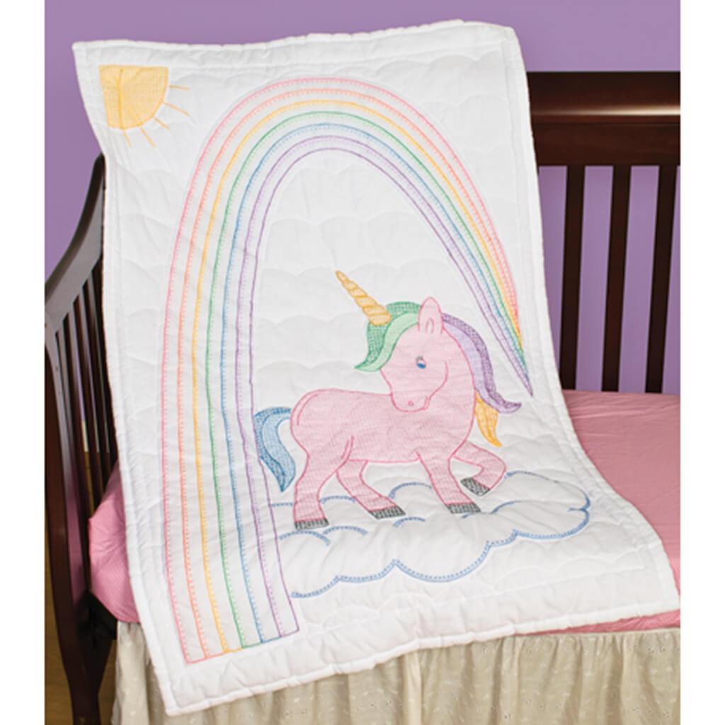 Unicorn Stamped White Quilt Crib Top