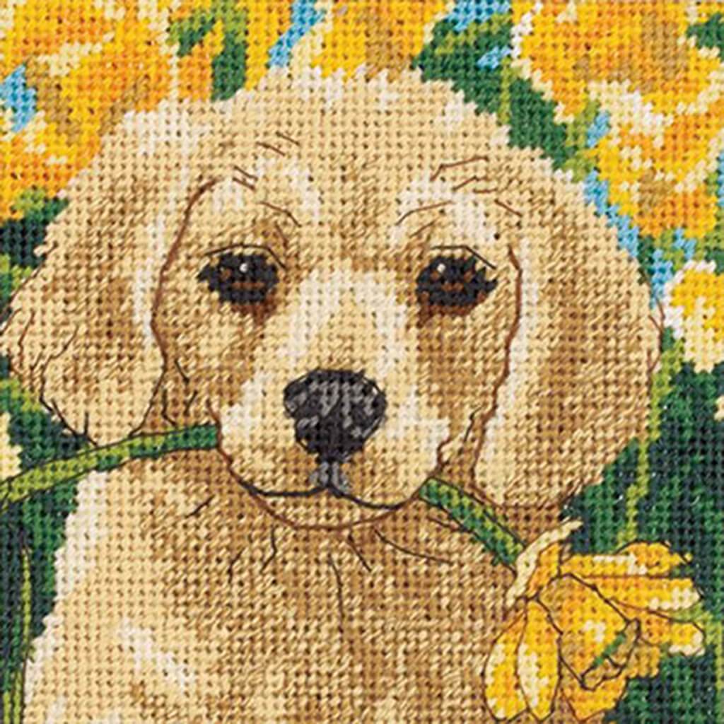 Puppy Mischief Stitched In Floss Mini Needlepoint Kit 5in x 5in