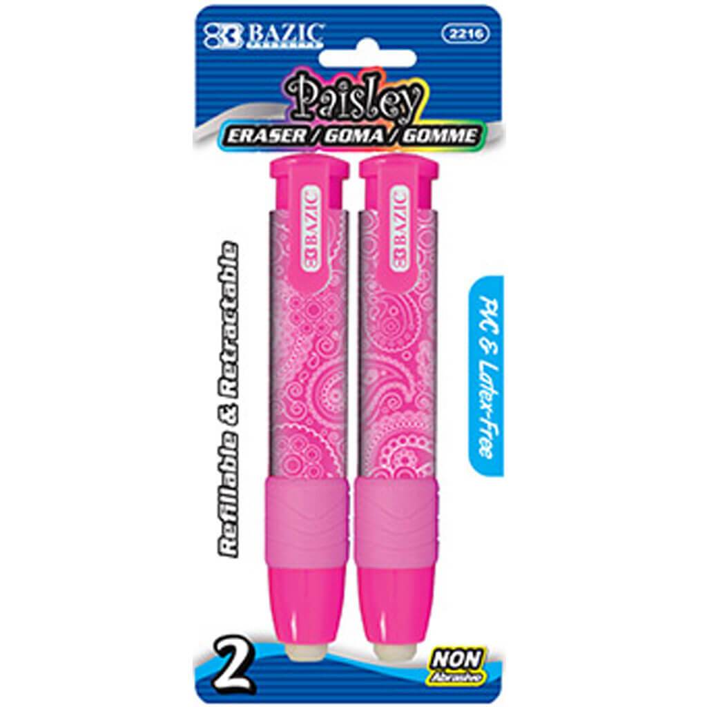 Retractable Stick Erasers Paisley 2/Pack Pink