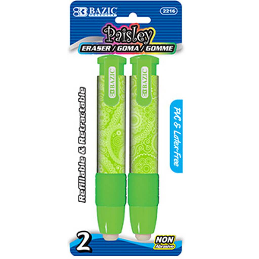 Retractable Stick Erasers Paisley 2/Pack Green