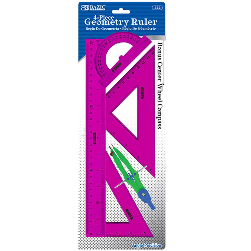 Geometry Ruler Combination Sets with Center Wheel Compass 4-Piece Pink