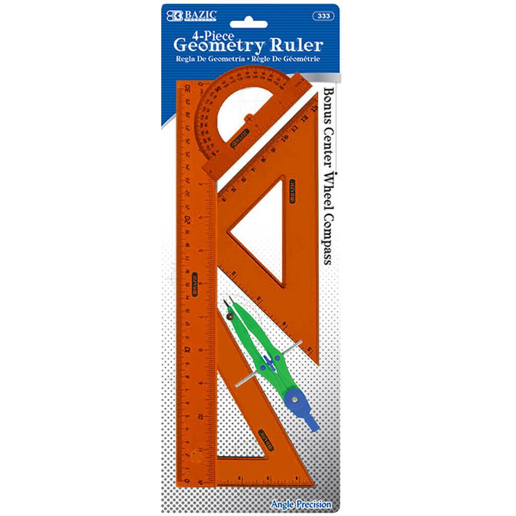 Geometry Ruler Combination Sets with Center Wheel Compass 4-Piece Orange