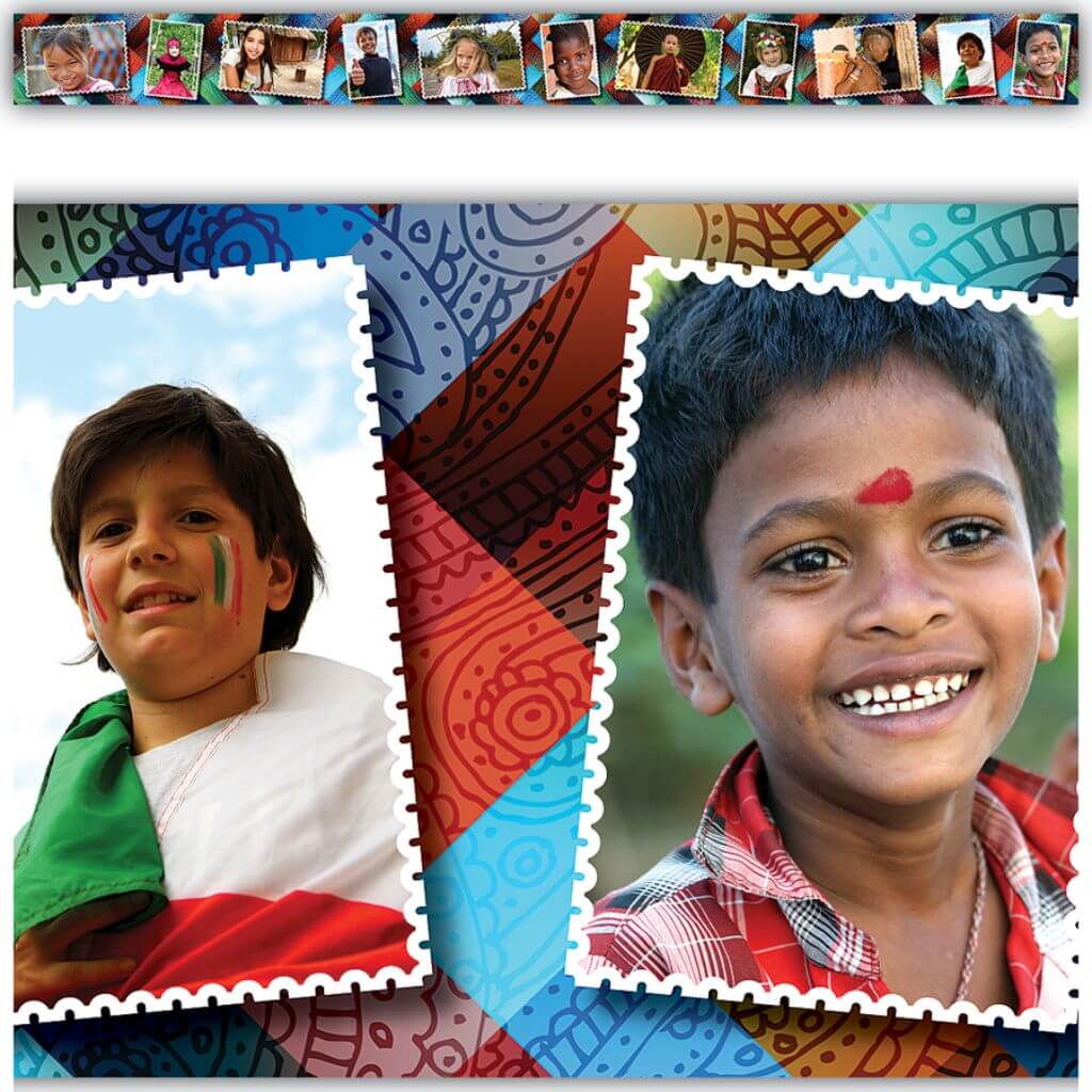 Straight Border Trim Multicultural Kids Postcards