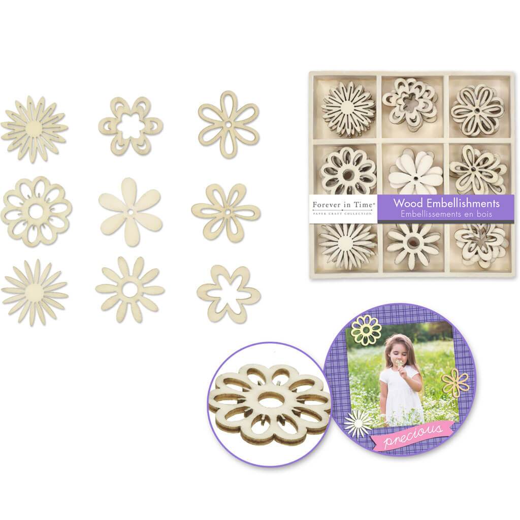 Mini Wood Embellishments In 9-Comp Box Floral 45pc