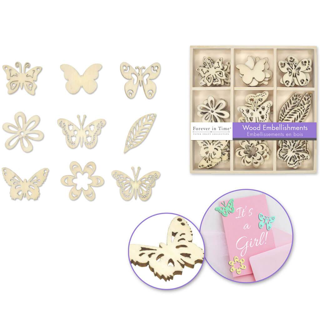 Mini Wood Embellishments In 9-Comp Box Flutter 45pc