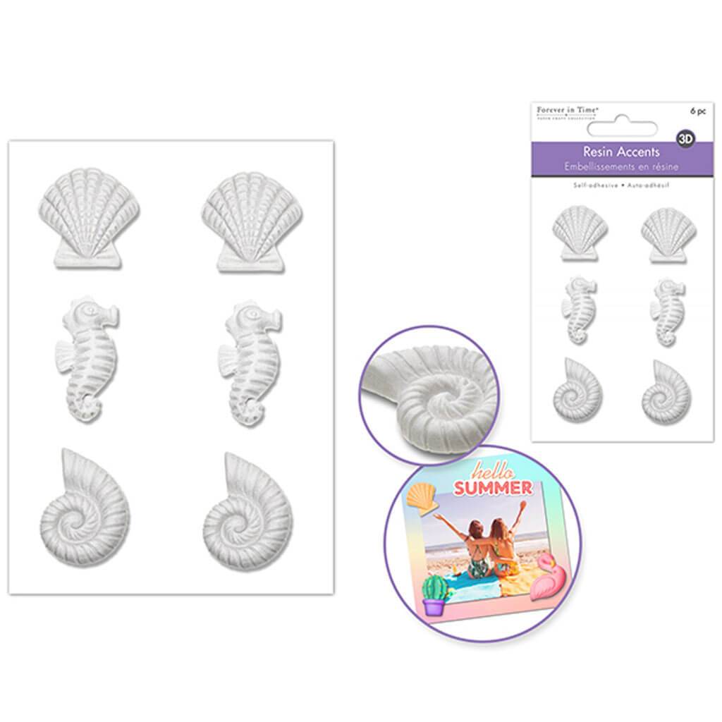 3D Unpainted DIY Resin Accents X6Pc Self-Stick - Sea Life